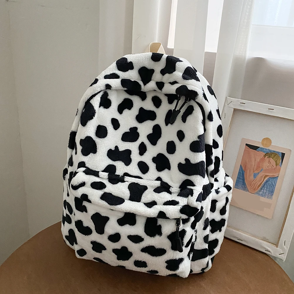 Casual  Plush Backpack School Shoulder Bag Women Animal Cow Pattern Travel Rucksack Lady Teenager Student Capacity Backpack stylish camera bag