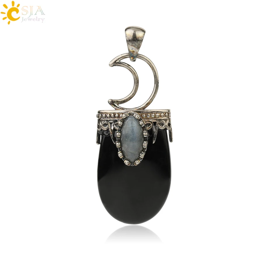 Black Onyx CSJA ожерелье с кулоном из натурального камня с кристаллами, винтажное фиолетовое розовое ожерелье с кулоном из кварца, античное Серебряное украшение в виде короны и Луны G274 - Окраска металла: Black Onyx