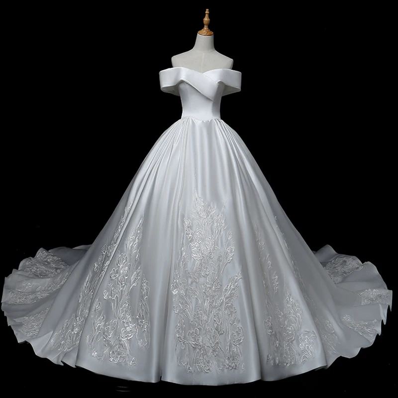 

Elegant Women's A-line Satin Wedding Dresses 2019 Off the Shoulder Embroidery Lace Appliques Vestido de novia Bridal Gowns