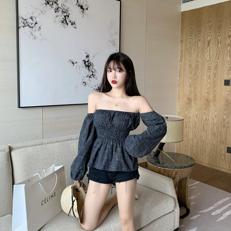 Moda feminina/женская одежда, футболки, сексуальный стиль, весна-осень, с открытыми плечами, на талии, женские топы, клетчатые, с вырезом, с пышными рукавами, Новинка