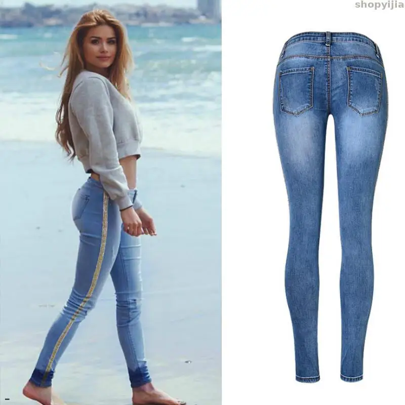 

Women Slim Embroidered Gold Sequin Fashion Side Stripe Skinny Jeans High Street Push Up Denim Low Waist