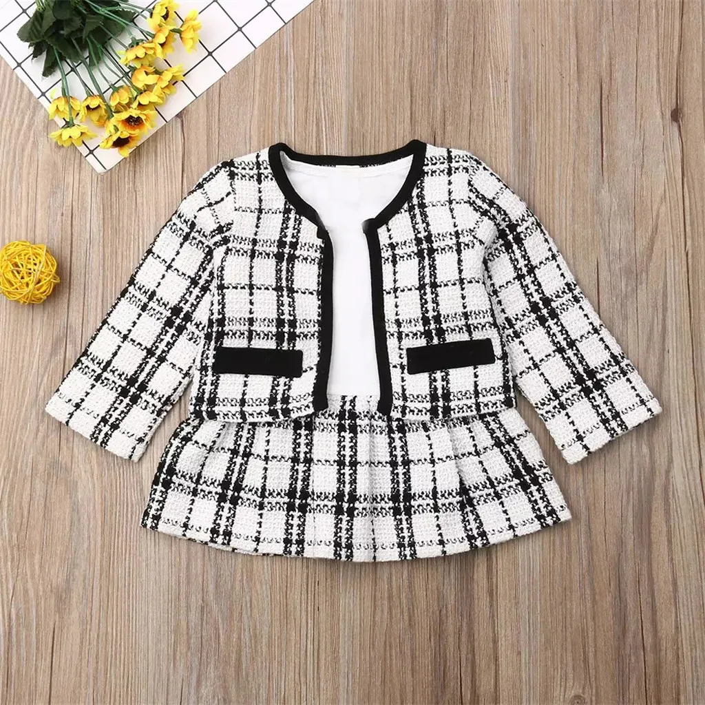 Toddler Girls Clothes Sets Plaid Coats Jacket Skirt Kids Baby Girls Clothes Suit Autumn Winter Clothes Sets Roupa Infantil Wy4