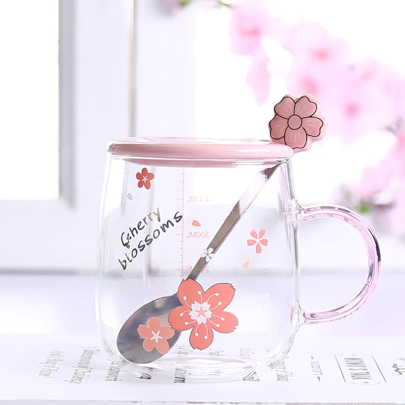 Cute Glass Cups Coffee Mugs Creative Cherry Blossoms Heat