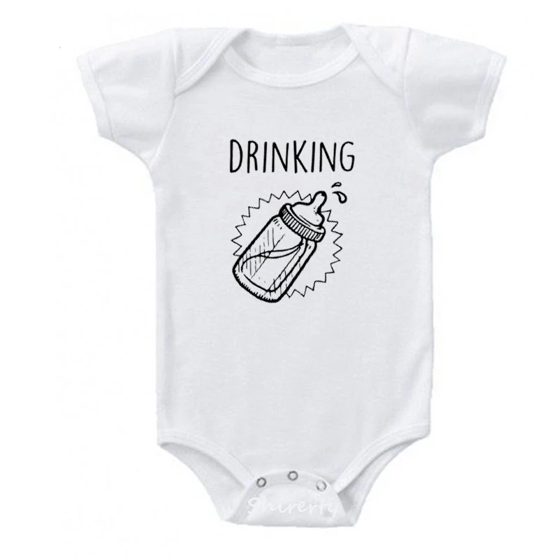 DRINKING-White Летний хлопковый комбинезон с коротким рукавом для маленьких мальчиков и девочек, Детский комбинезон для новорожденных - Цвет: DRINKING-White