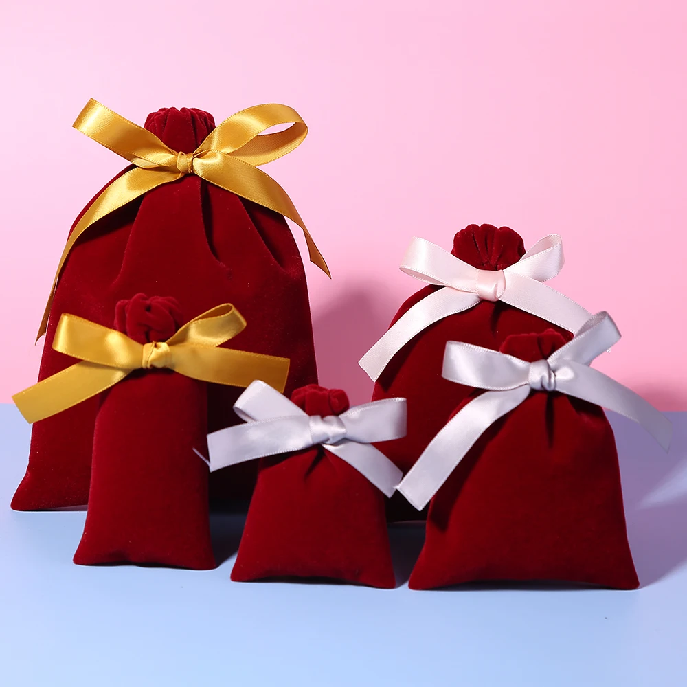 50pcs Jewelry Bag Velvet Bags with Silk Ribbon Jewelry Packaging Pouches for Wedding Party Candy Gift Present Bag Custom Logo