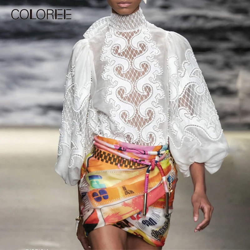 COLOREE, осенняя женская блузка с длинным рукавом, элегантная, фиолетовая/черная/белая, блузка, Blusas, винтажная, с вышивкой, открытая блузка