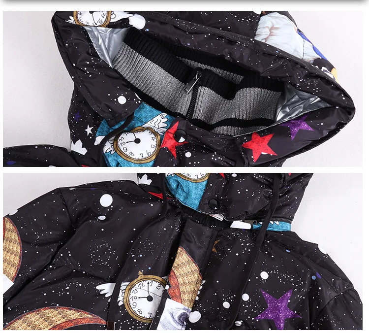Hooded Runway Vintage X-long Thick Winter Coat White Duck Down Jackets Fashion Cartoon Print Winter Jacket Women Parka A702