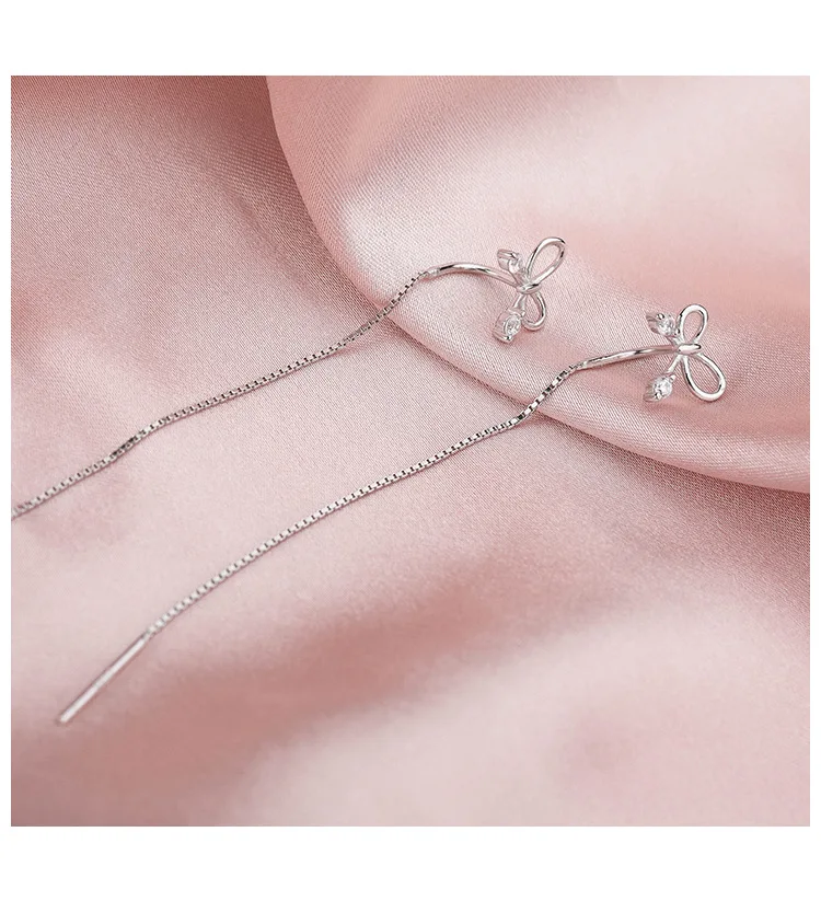 HI MAN Korean New 925 Sterling Silver Temperament Tassel Bow Earrings Women elegant Trend High-Quality Jewelry Accessories