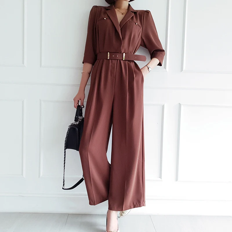 

Office Lady Elegant Wide Leg Jumpsuits Women Autumn Rompers Belted Waist Playsuits Long Pants Overalls