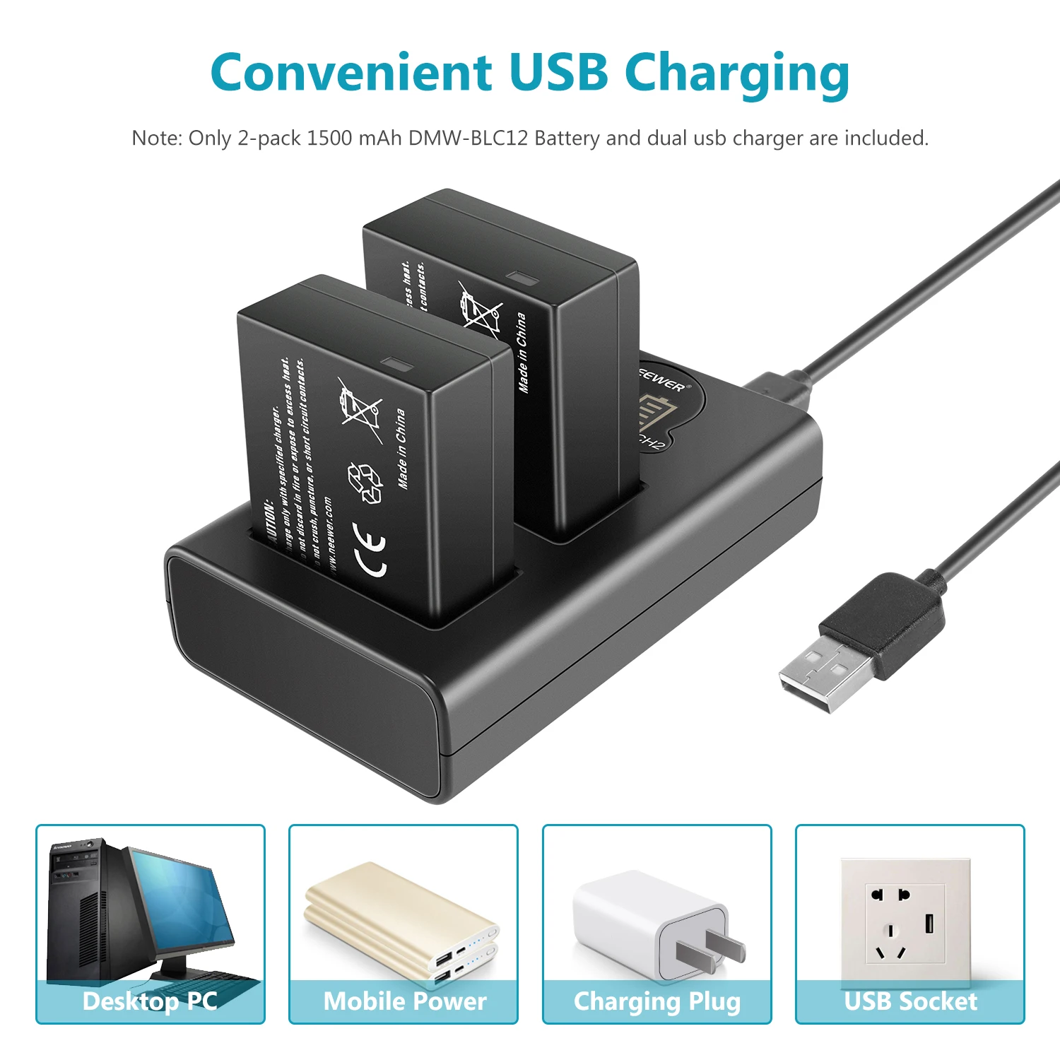 Neewer 2 упаковки 1500 мАч замена Panasonic DMW-BLC12 батарея и двойной USB зарядное устройство с ЖК-дисплеем для Panasonic Lumix DMC-G5