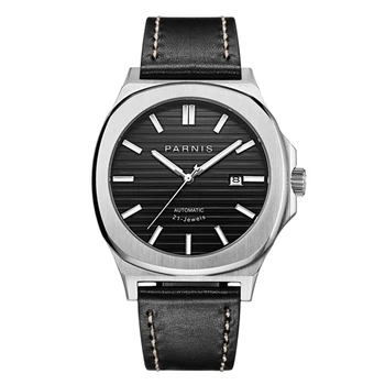 

Parnis 44MM Black dial Sapphire crystal stainless steel case calendar Leather band luminous miyota 8215 automatic men Wristwatch