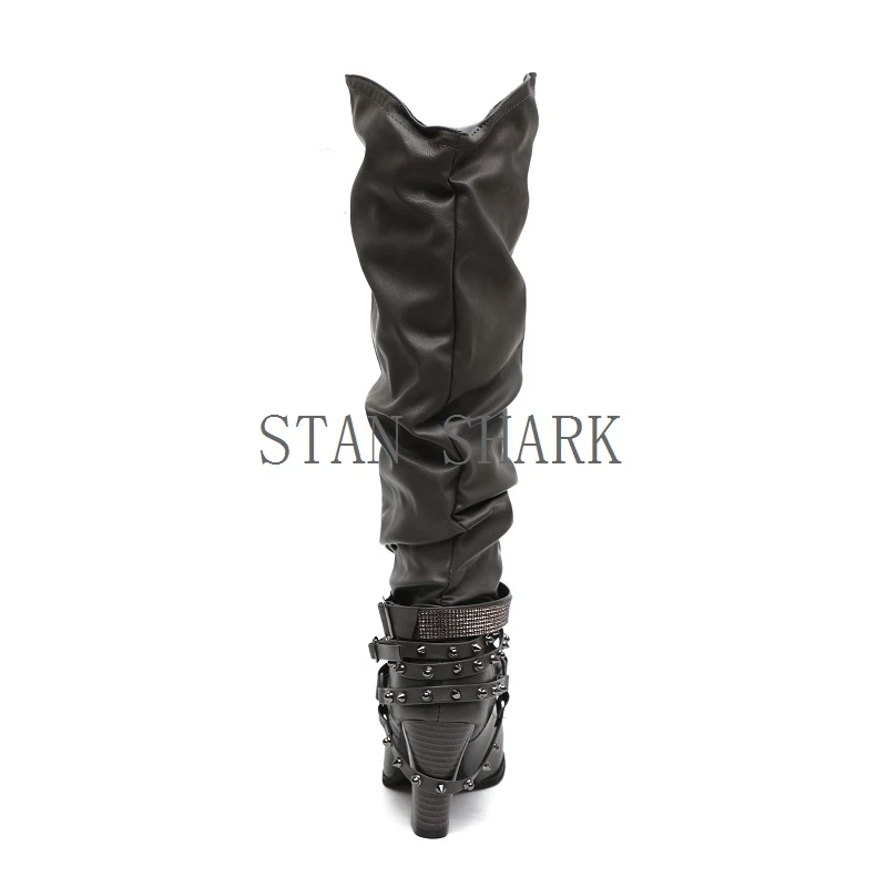 STAN SHARK/новые модные ботинки в стиле панк готик с круглым носком и ремешком женская обувь на высоком каблуке со стразами сапоги до колена mujer zapatos