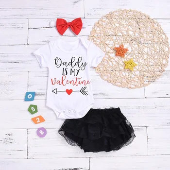 

My First Valentine's Day Cotton Romper Bodysuit Newborn Baby Girl Clothes Spring Lace Shorts Hairband Toddler Girls Clothing Set