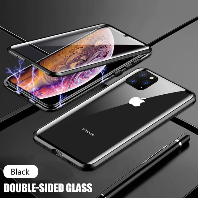 Luxury Phone Case For IPhone X XR XS 6 6S 7 8 11 12 13 Plus Mini SE Pro MAX 2020 360 Double Glass Shell Magnetic Adsorption Case Black