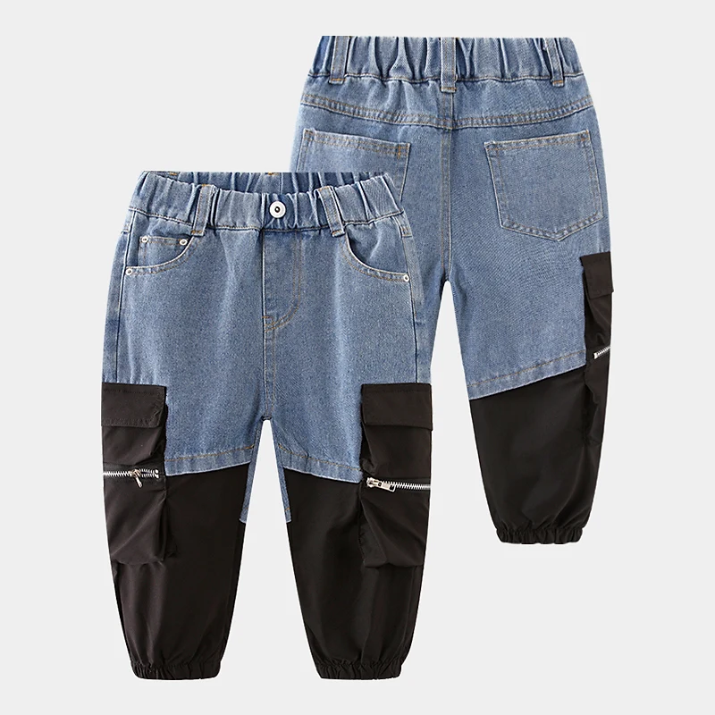 Spring Autumn Children's Boys Jeans Denim Zipper Pocket Patchwork For 2 3 4 5 6 8 10 12 Years Kids pants boys jeans