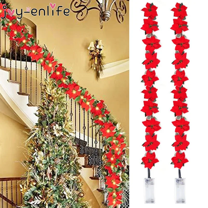 Guirlande lumineuse à 10led poinsettia-fleur, 2m, fonctionnement à piles,  féerique, ornements d'arbre de noël