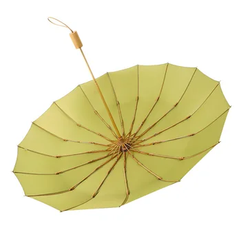 

16 K super windproof women rain umbrella three folding simple solid color fashion wooden handle retro men business gift umbrella