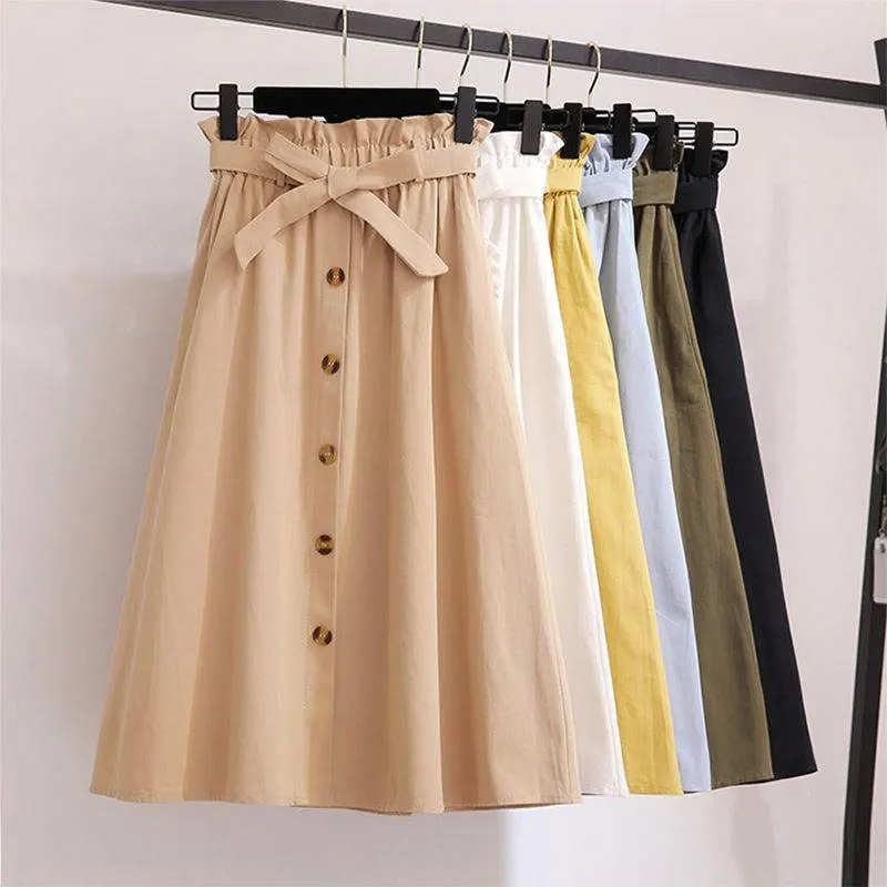 

Summer Autumn Skirts Womens 2019 Korean Style Knee Length Elegant Button High Waist Skirt Female School Skirt With Belt P050