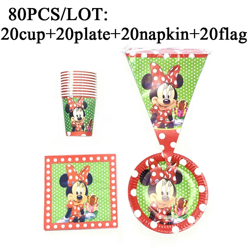 

Birthday Party Decorations Kids Red Minnie Mouse Disposable Cups Plates Banner/Flags Napkins Party Supplies Tableware Set 80PCS