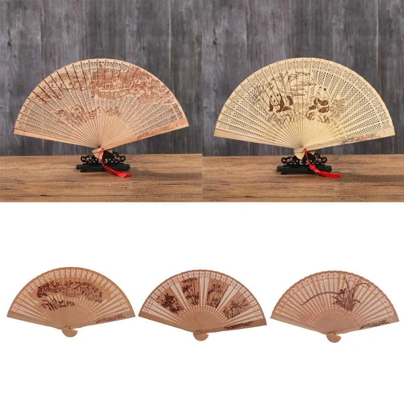 cheap Chinese Style Wooden Decorative Fan Hand Crafted Openwork Personal Folding Fan Wedding Decoration Birthday Home Giftseqnr