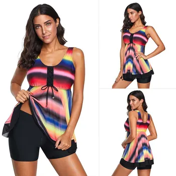 

Women two pieces swimsuits new hot skirt conservative cover belly thin multi-color print plus size four-point swimsuit 411706