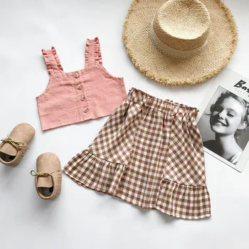 

2Pcs Plaid Toddler Kids Girls Summer Outfits Clothes Vest Tops+Plaid Skirt Pink Outfits Set