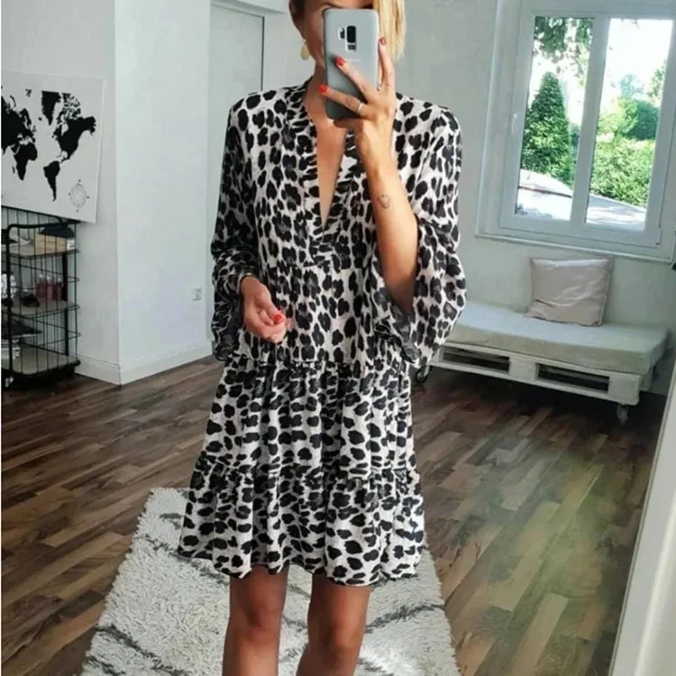 Big Size Ladies Dress Leopard Print High Waist V-neck Bell Sleeve Summer Beach Short Dresses Vestido Con Estampado De Para Mujer