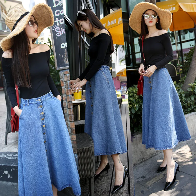 

2019 Autumn Clothing New Style Korean-style Mori Girl Line Single Breasted Slimming Cowboy High Waist Skirt Big Skirt A- line Sk