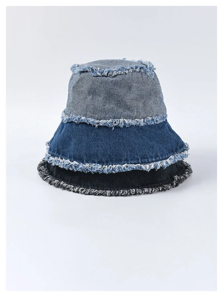 New Unisex Casual Washed Denim Tassel Bucket Hats Fashion Patchwork Fisherman hats Couple UV Sun Cap Wholesale