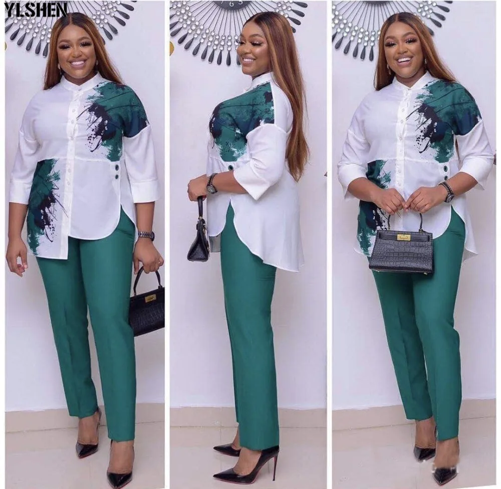 African Women Sets Print Long Sleeve Blazer T-shirt Pants Suits Office Lady Elegant 2 Piece Set Business Outfits Africa Clothing 03