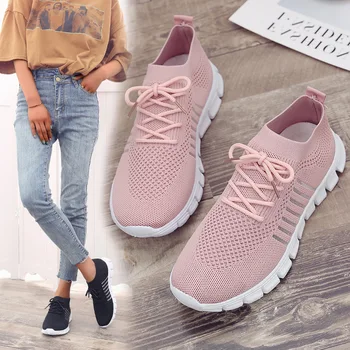

Flying Woven Women's Shoes Breathable Non-slip Wear-resistant Sneakers Deep Mouth Lace-up Muffin Casual Shoes Women's Running