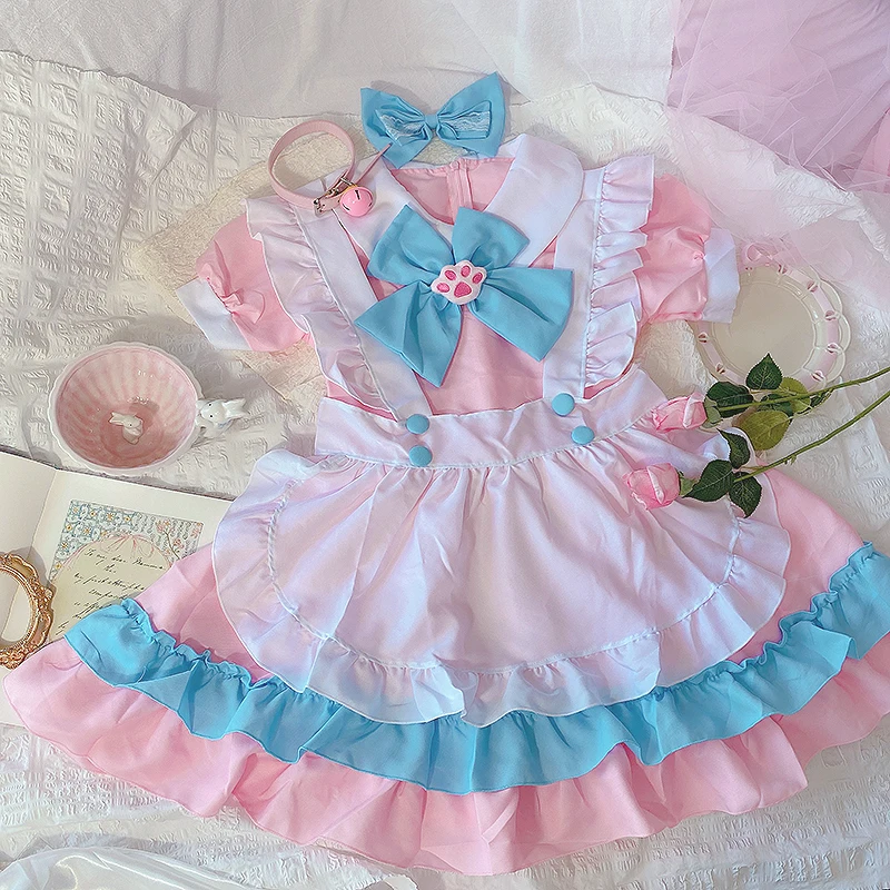 Plus Size 5XL Women Maid Outfit Cosplay Anime Lolita Costume Cute Cat Pink Blue Lace Trim Apron Cat Paw Lolita Dresses Full Set