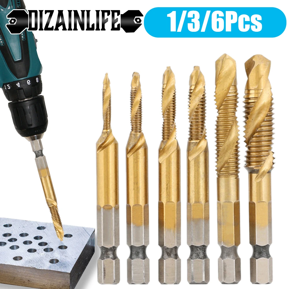 Drill Bit Titanium Plated Hex Shank Drill HSS Screw Thread Tap Wrench Screw Machine Compound Thread Cutting Hand Tools-M6X1.0 Drill Bit Titanium Plated Hex Shank Drill HSS Screw Thread Tap Wrench Screw Machine Compound Thread Cutting Hand Tools-M6X1.0