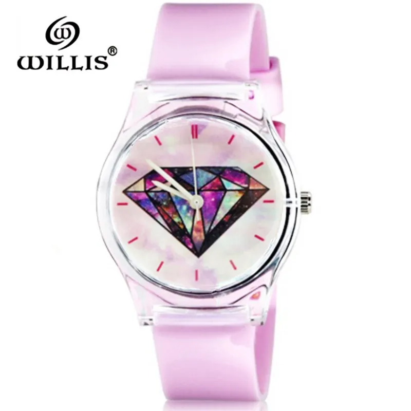 

WILLIS Women Fashion Watch girl Silicone transparent strap diamond student Quartz waterproof clock Wristwatches Relogio Feminino