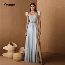 Verngo Modern Draped Chiffon Long Prom Dresses Feathers Sleeves Beads Belt Slit Evening Gowns Light Grey Backless Women Dress