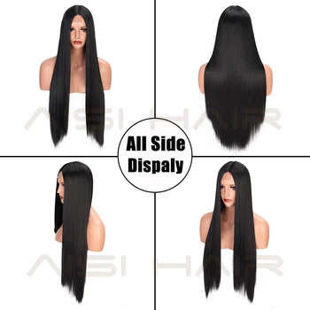 AISI HAIR Long Straight Black Wig Synthetic Wigs for Women Natural Middle Part Lace Wig Heat Resistant Fiber Natural Looking Wig 4