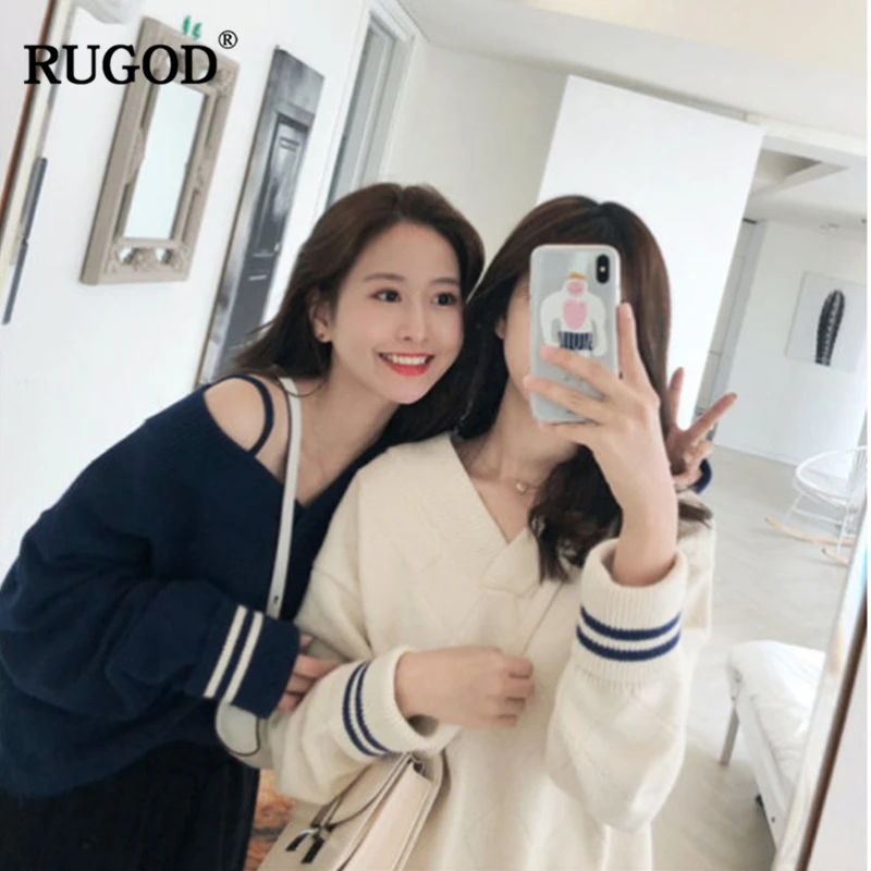 

RUGOD 2019 New Autumn Winter Loose Sexy Women Sweater Slash Neck Pullover Sweater Stylish Different Wearing Korean Soft Sweater