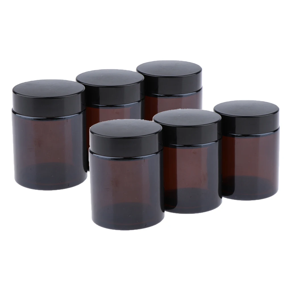 6Pcs Brown Glass Refillable Cosmetic Jars Empty Face Cream Lip Balm Storage Container Pot Bottle with Black Lids (100ml)