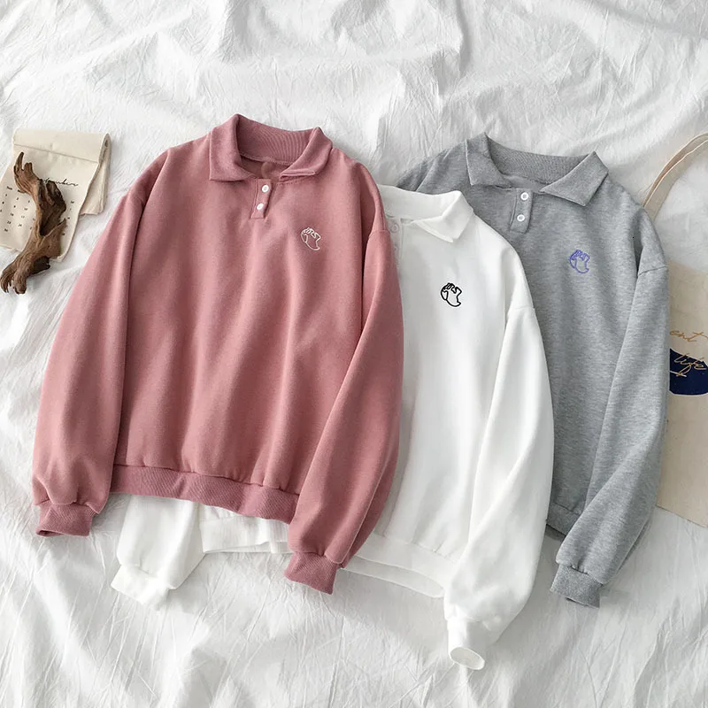 

Autumn Thickening Sweatshirt Women Casual Pink White Fashion Student Long Sleeve Embroidery Pullover Tops