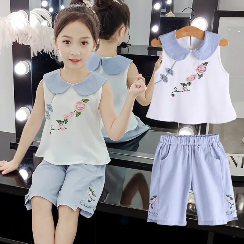

2020 Summer Girls Western Style Chinese Clothing Loose Pants Set Children Two-Piece Set Little Girl Peter Pan Collar Sleeveless