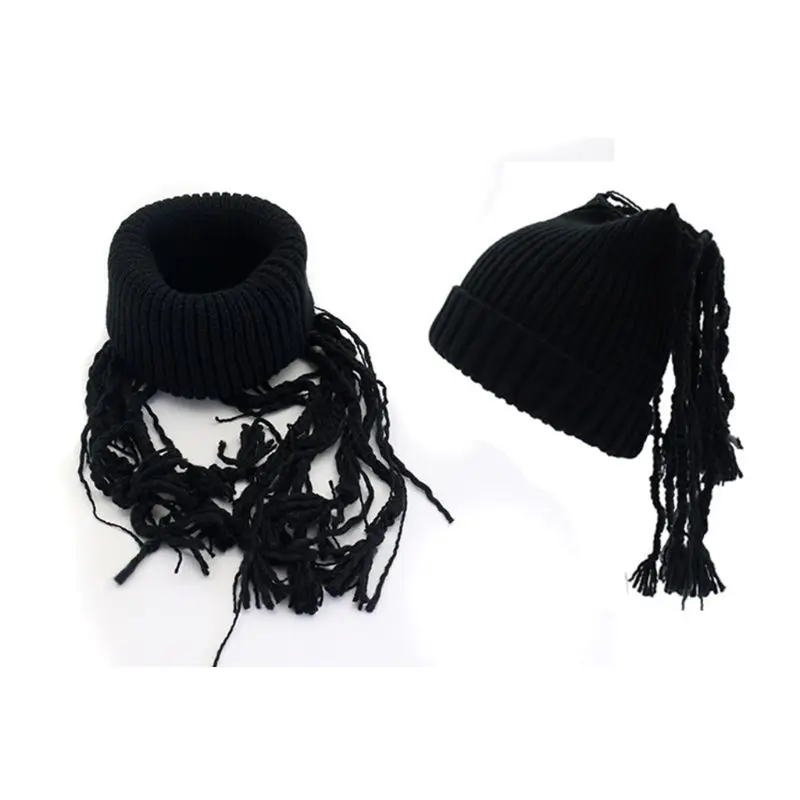 

Women Ribbed Knit Cuffed Beanie Cap with Dreadlocks Wig Multifunction Warm Scarf