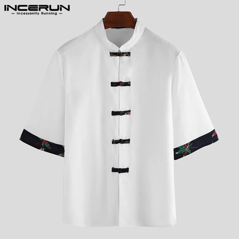 White Shirt Мужские рубашки в стиле пэчворк, короткий рукав, воротник-стойка, хлопок, пуговиц, повседневные, Camisa Masculina, китайский стиль, винтажные рубашки INCERUN - Цвет: White Shirt