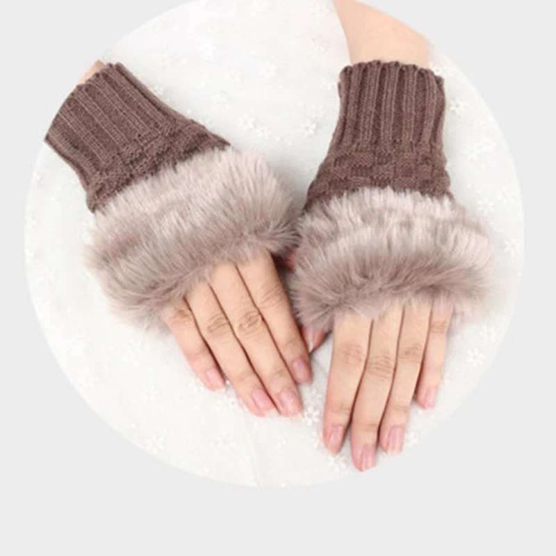 Теплые вязаные перчатки, варежки женские, одноцветные, без пальцев, клетчатый узор, короткий параграф, шерсть, половина пальцев, искусственная перчатка с мехом кролика, зима