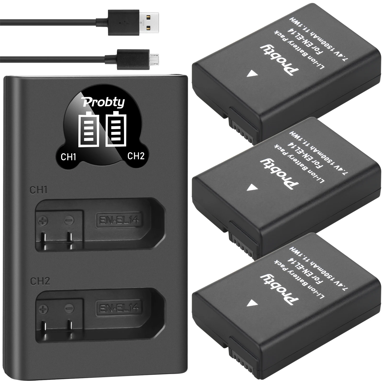 Probty 1500Mah En-El14 En El14 En-El14A Batteria + Led Doppio Caricatore Per Nikon P7800,P7100,D3400,D5500,D5300,D5200,D3200,D3300