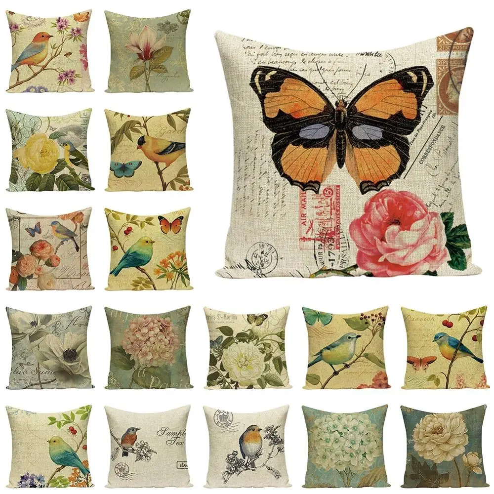 

45*45 cm Vintage Flowers Cotton Linen Pillow Case Sofa Living Room Seat Car Soft Cushion Cover Home Decorative Pillowcase