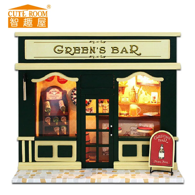 

Green's Bar Dollhouse Model Building DIY Wooden Frame Room Box Artworks with Furnitures Miniature Landscape Doll House Toys