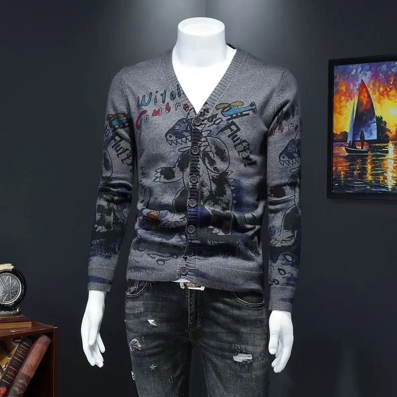 

Men's cardigan sweater 2020 autumn and winter new Jedi Tyrannosaurus print sweater young people personality trend clothing