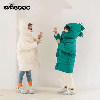 

2020 new Winter Children's down jacket Girls Dinosaur Design Warm Kids Clothe Girls Removeable Hat 2-3-8 years Thick Long Coat