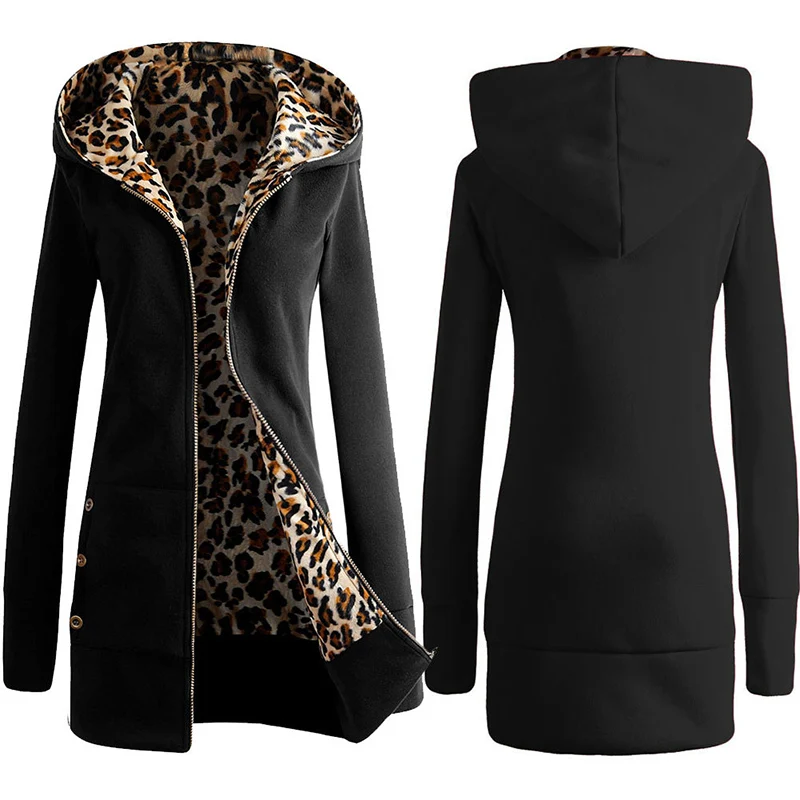 Comprida com Capuz com Zíper Quente para o Inverno Feminino Senhora Grossa Leopardo Impressão Manga Cabolsa h9