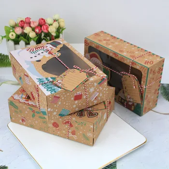 

120pcs/lot Kraft Paper Christmas Cookie Gift Boxes with Clear Window 22*15*7cm New Year Favors Boxes for Cookies Treats